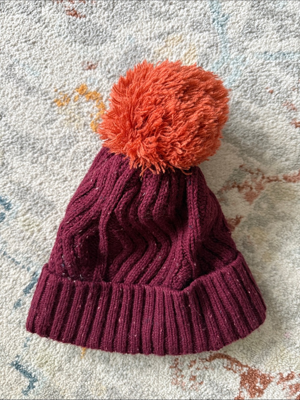 Universal Thread Knit Beanie in Maroon with Orange Pom